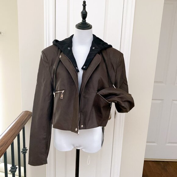 NWT Brown Faux Leather Cropped Moto Jacket with Hoodie - Picture 9 of 9